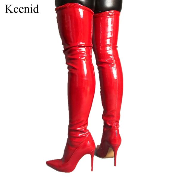

kcenid stretch patent leather women over the knee boots red pointed toe zip super high heels party shoes woman large size 35-47, Black