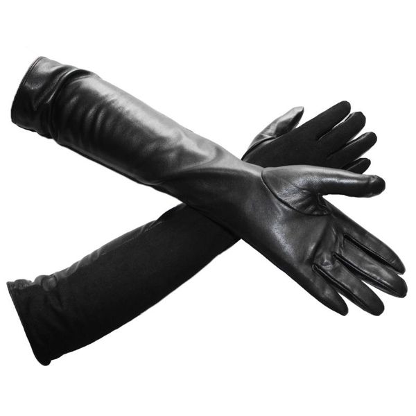 

new ladies long section over the elbow black leather gloves stitching half suede leather velvet winter warm sheepskin gloves, Blue;gray