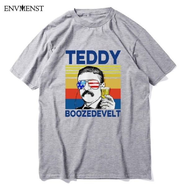 

summer short sleeves european and american style cotton men t-shirt teddy boozedevelt american flag theodore roosevelt drinking