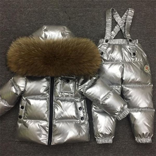 

30 1-14y russian snowsuit children sets white down boys waterproof clothing kids coat winter jacket girls big real fur parka c0924, Blue;gray
