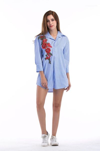 

women striped plus size spring fashion blouses woman lapel neck with long sleeve shirt womens designer rose embroidery shirts, White