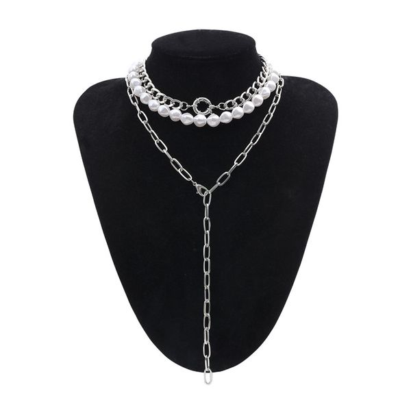 

6sets/lot geometric irregular imitation pearl necklace multi layer round long sweater chain women alloy tassel pendant necklaces jewelry, Silver