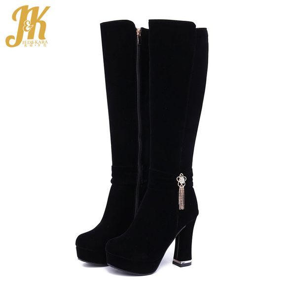 

jk колено высокие сапоги женщин zip платформа загрузки дамы круглый toe flock обувь женский металл высокие каблуки толстые обувь зима 2020 н, Black