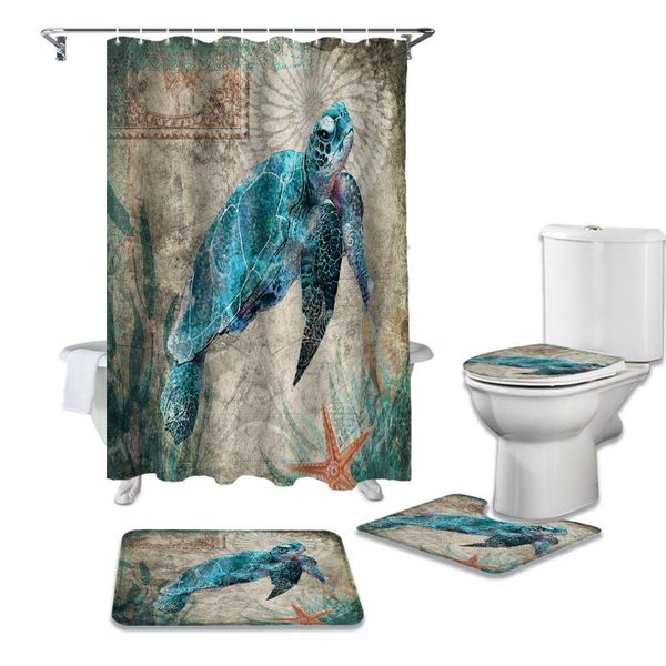

Ocean Turtle Retro Shower Curtain Sets Non-Slip Rugs Toilet Lid Cover and Bath Mat Bathroom Curtains Set