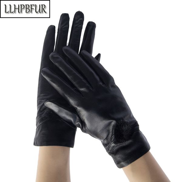 

brand ladies are really sheepskin leather gloves. fashionable outdoor fur ball decoration. internal coral fleece to keep warm, Blue;gray
