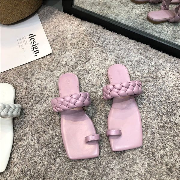 

women's slipper women summer shoes female weave thong clip toe square toe slip on non slip flat slides sweet ladies 2020 new hot, Black