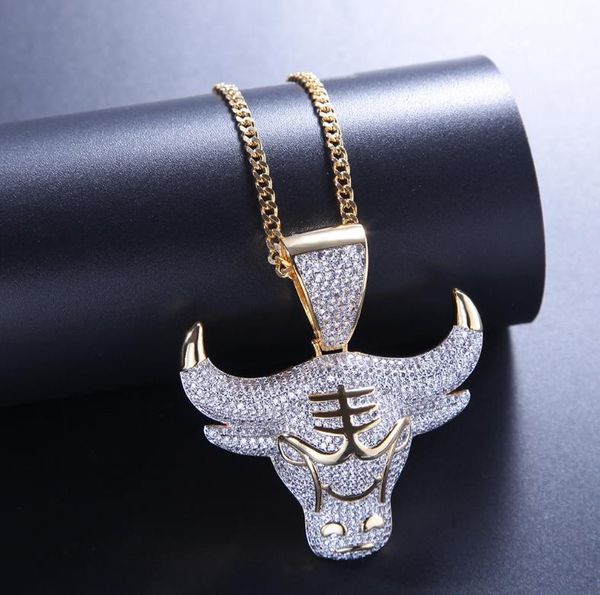 

european and american new hip hop micro inlaid zircon bull head pendant two-tone electroplated men's pendant necklace, Silver