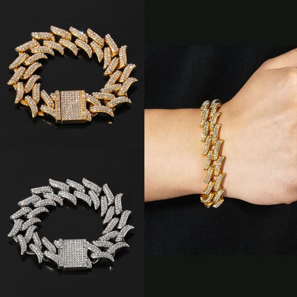 

rhombic cuban bracelet iced out gold silver color crystal link chain for men hip hop paved rhinestone bracelet jewelry, Black