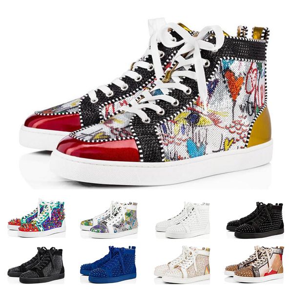 

2020 men women fashion shoes red soles studded spikes high sneakers black white leather suede mens flats casual shoe 36-47