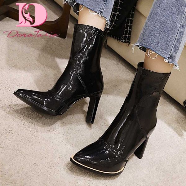 

doratasia plus size 34-48 ladies thick high heels ankle boots pointed toe zip boots women 2020 elegant office woman shoes, Black