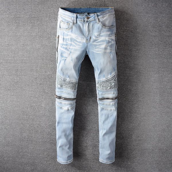 

men's jeans fashion streetwear men slim fit elastic ripped spliced designer biker pants hip hop homme, Blue