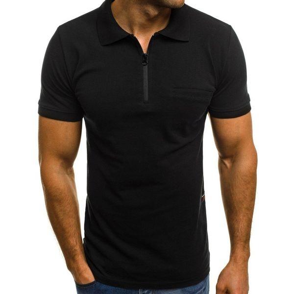 

black men's solid color turn down collar -shirts 2020 summer mens -shirt short sleeve zipper up white shirts, White;black