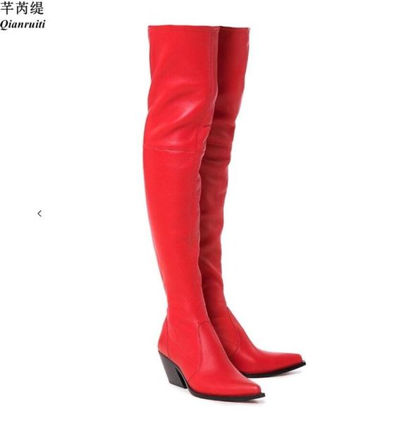 

qianruiti women cowboy thigh high boots block chunky heels red black over-the-knee motorcycle booties pointed toe boots women
