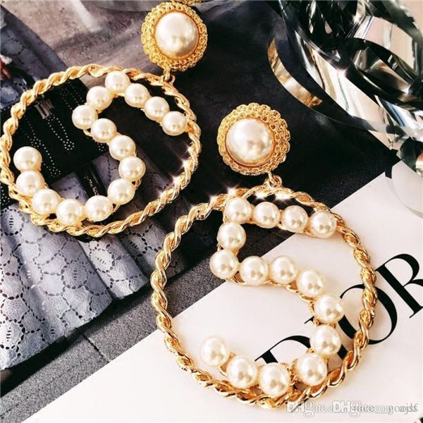 

DHL Exaggerated Hollow Round Earrings Luxury Bling Bling Pearl Women Designer Dangle Earrings Gold Woven Number Earrings