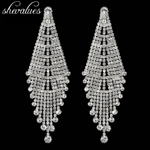 

dangle & chandelier shevalues luxury long tassel drop earrings full crystal big statement wedding, Silver