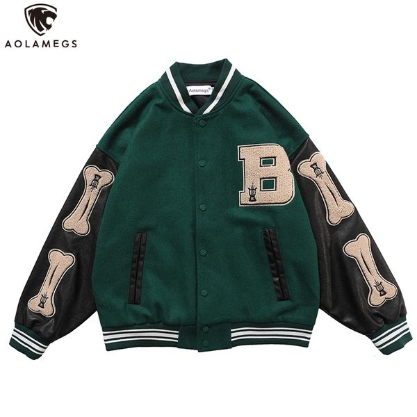 

aolamegs furry bone letter patch color block patchwork 3 color optional harajuku college style bomber jacket men baseball coats, Black;brown