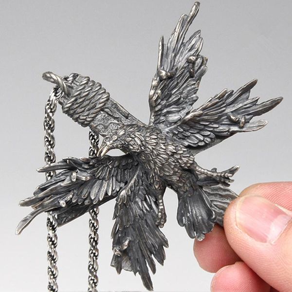 

men's vintage cross four wing bird crow 316l stainless steel pendant necklace punk goth raven animal biker jewelry, Silver