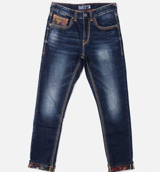 

2020 thick autumn vintage fashion straight jeans male wool print slim trousers, Blue