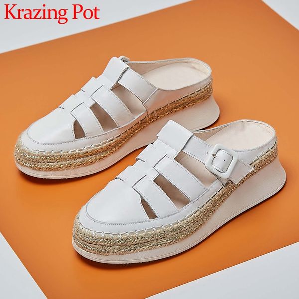 

krazing горшок новый натуральная кожа досуг за пределами тапочка круглый носок туфли на высоких каблуках соломы клинья пряжки полую лоферы ж, Black