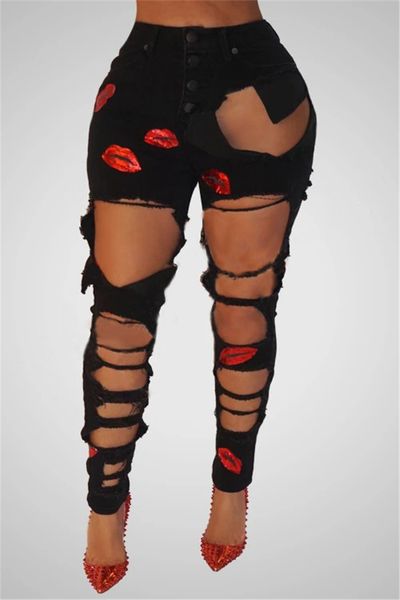 

big hole lips womens jeans summer skinny high waist black women pants bodycon casual trousers, Blue