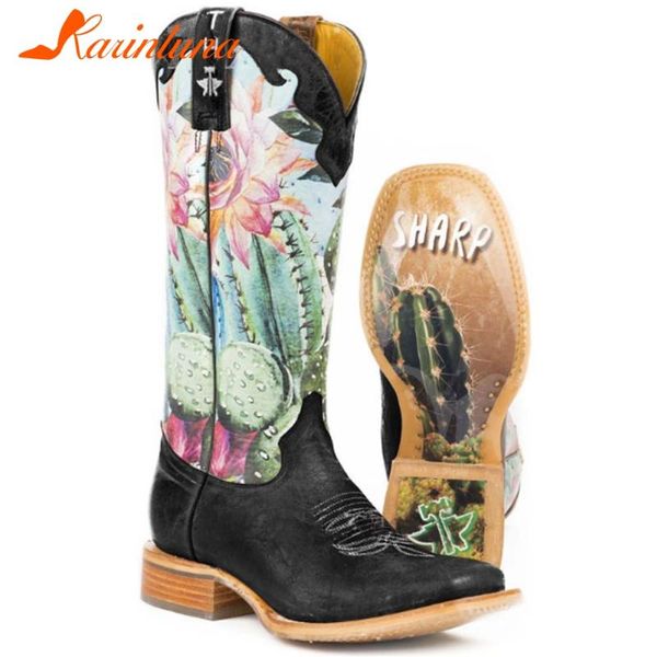 

fashion new brand woman shoes print low heels square toe western boots vintage autumn slip-on female shoes, Black
