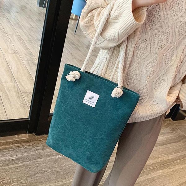 

women fashion handbag solid color simple large capacity durable corduroy casual ladies foldable portable durable shopping bag