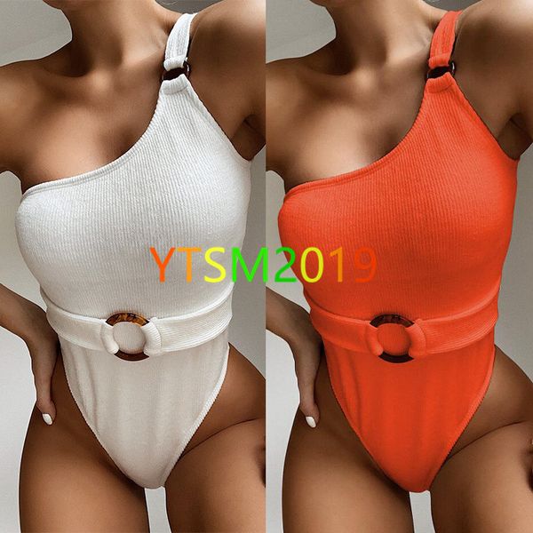 

women's single shoulder swimwear solid color bikini knit swimsuit high end summer style swimming suit, White;black