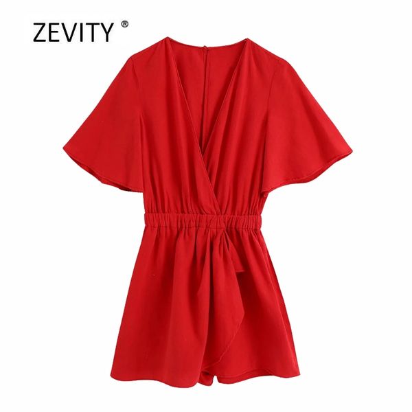 

new 2020 women fashion solid color cross v neck elastic waist chic playsuits female butterfly sleeve casual siamese rompers p876, Black;white