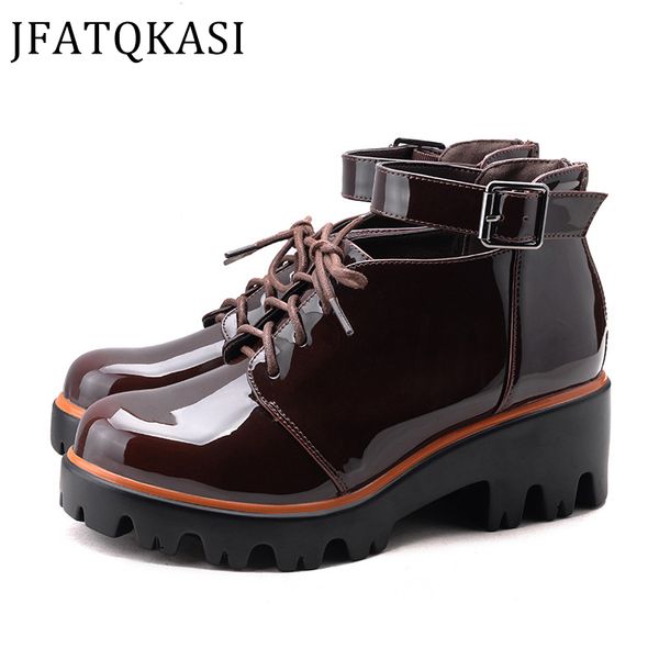 

women boots snow shoes platform warm ankle boots woman plush slip on fashion female shoes patent leather upper martin, Black