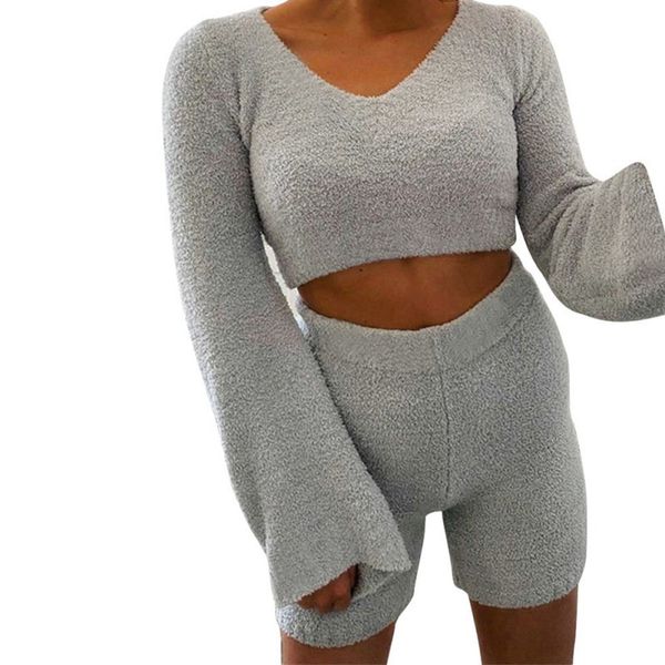 

women's tracksuits 2pcs autumn winter sets casual plush fluffy solid white home loungewear outfits flare-sleeve sweatshirts shorts, Gray