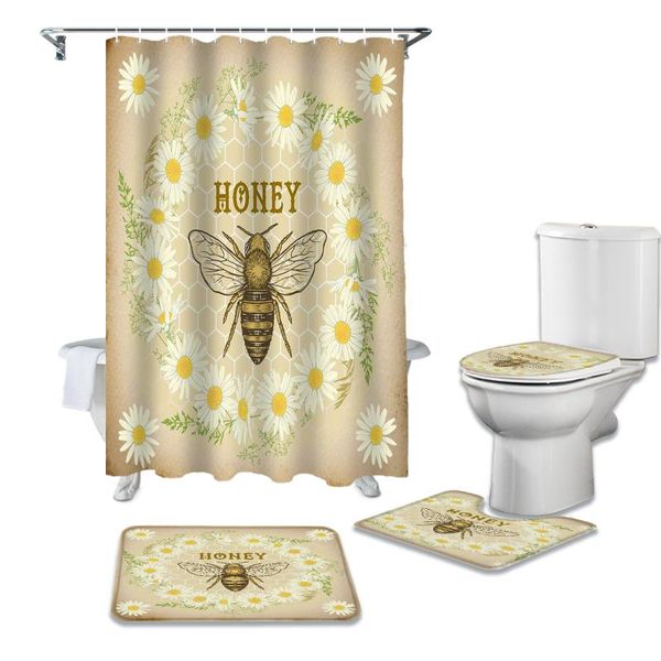 

shower curtains retro daisy flower bee wreath curtain sets non-slip rugs toilet lid cover and bath mat bathroom set