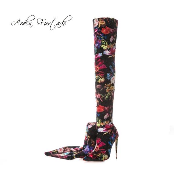 

arden furtado 2020 spring autumn slip on fashion stilettos heels flowers shoes women ladies over the knee boots big size 48, Black