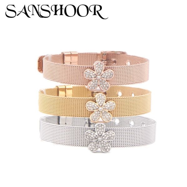

dropshipping sanshoor jewelry crystal blossom flower slide charms fit 10mm stainless steel mesh bracelet set for women, Red;blue