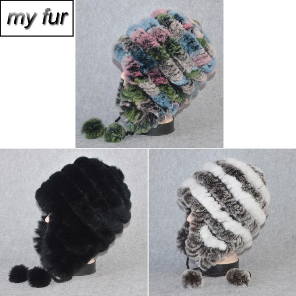 

winter women striped pom poms genuine rex fur hat warm soft good elastic 100% natural fur hats lady knit beanies cap, Blue;gray
