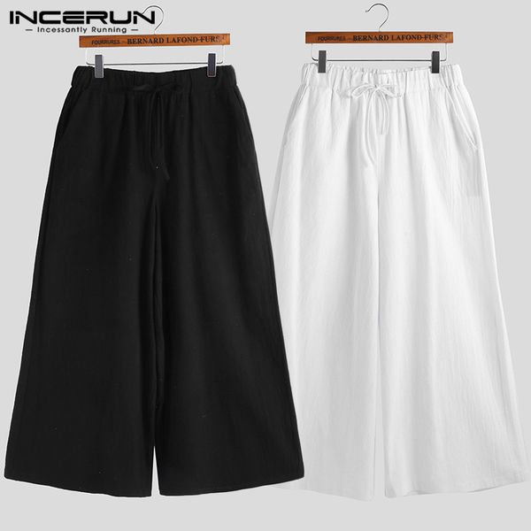 

incerun vintage men wide leg pants cotton elastic waist solid baggy joggers casual trousers men workout pants streetwear s-5xl, Black