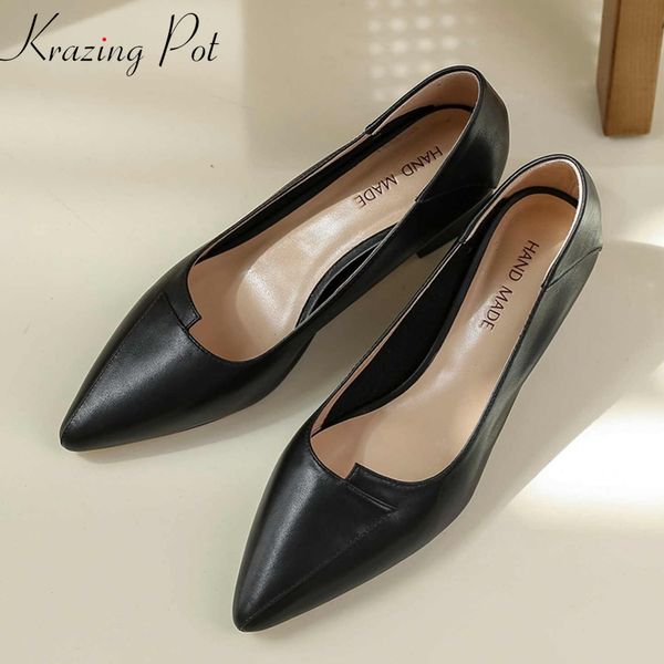 

krazing pot genuine leather med heels pointed toe concise design work shoe runway model show handmade dailywear women pumps l7f5, Black