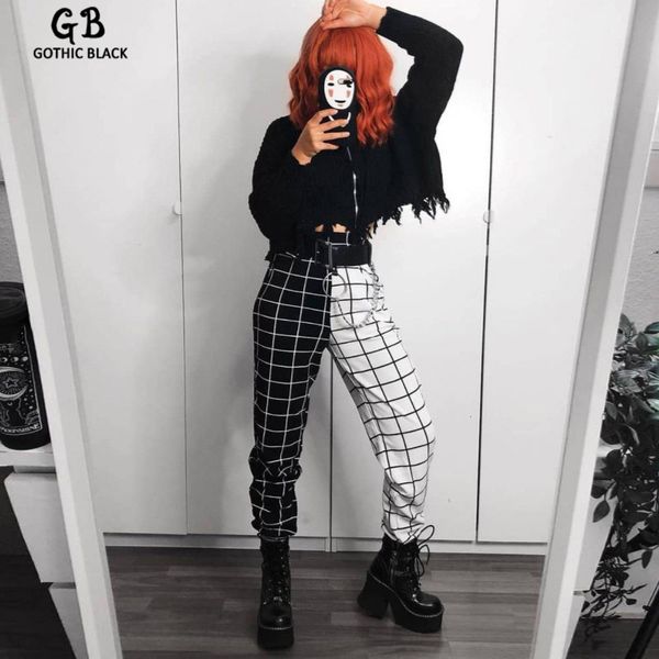 

готика женщины checkerboard плед эластичность штанах 2020 spring гот женский streetwear лоскутная высокой талией длинные брюки, Black;white