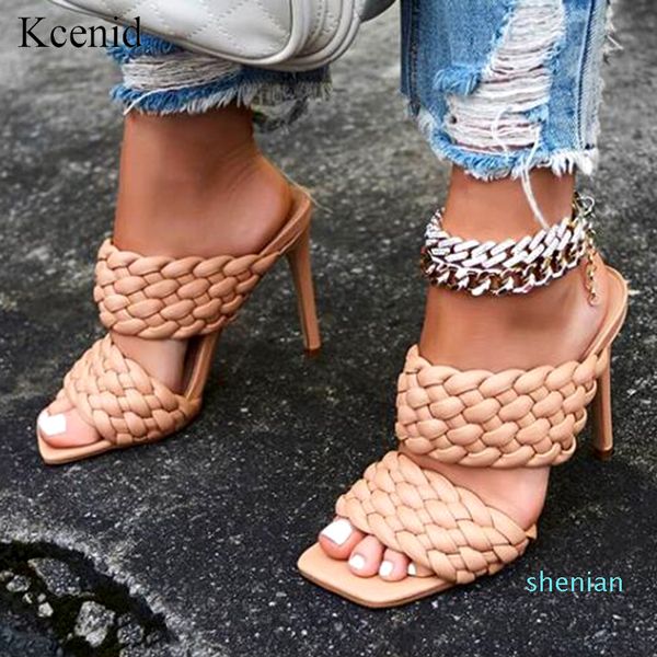 

kcenid summer slippers women high heels fashion braid pu leather square toe shoes womens slippers outdoor rome sandals 35-42, Black