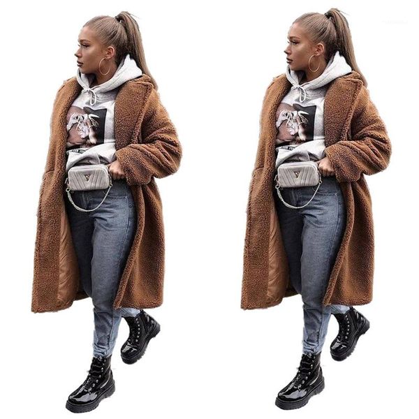 

coats elegant loose solid color long sleeved lapel neck thick x-long coats fashion women coats plush women winter, Black