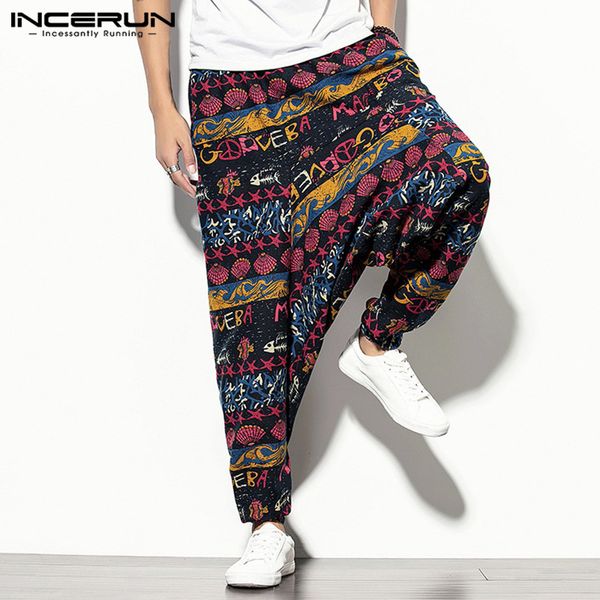 

men harem pants printed elastic waist joggers vintage streetwear baggy drop-crotch trousers men casual wide leg pants incerun 7, Black