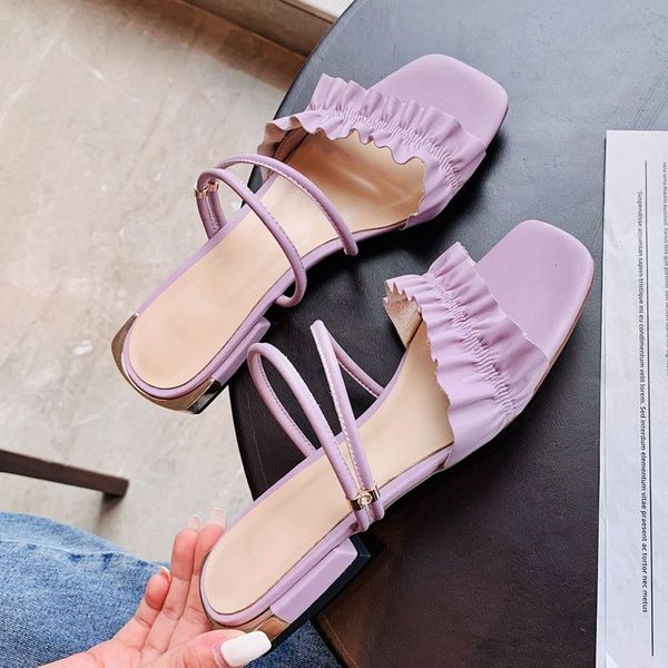 

agodor ladies open toe mid heel slides women shoes slip on slippers ruffles sandals shoes casual women sandals size 33-39, Black