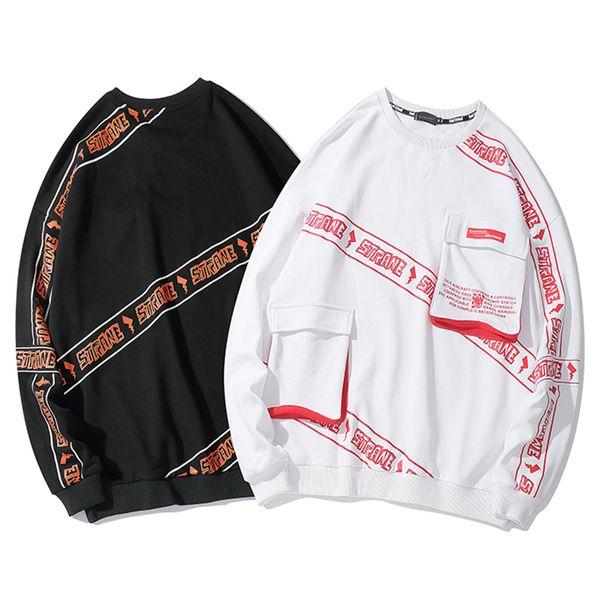 

Men Sweatshirt Striped Letter Printed Cargo Pockets O Neck Pullover Men Autumn All-match High Street Hipster Streetwear