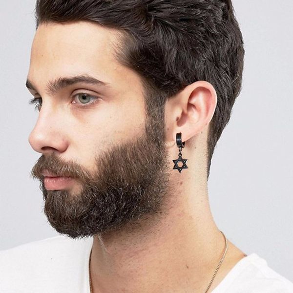 

black star of david cross circle drop earrings for men stainless steel earing jewish male jewelry perfect for any occasion, Silver