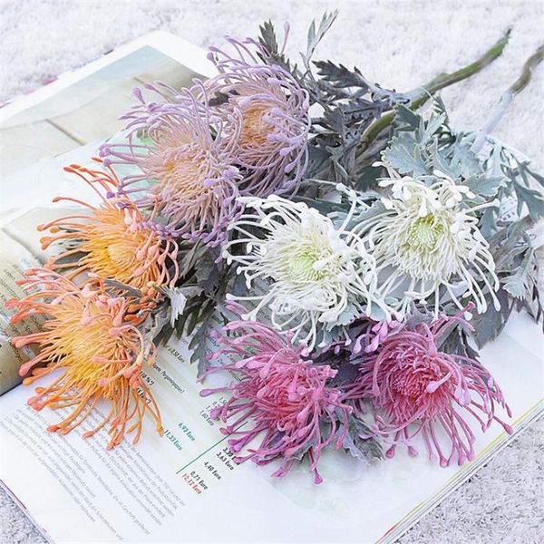 

7pcs fake short stem pincushion flower 14.96" simulation tufting leucospermum for wedding home decorative artificial flowers