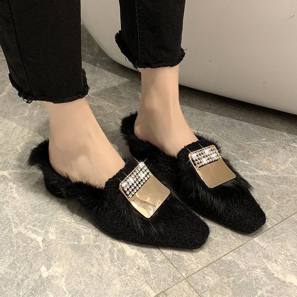 

winter fur flats женщина цепные обувь замша меховые мулы плюшевые пушистые мокасины женские резиновые оксфорд creepers, Black