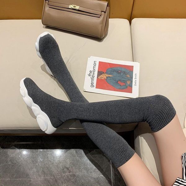 

fashion knitted over the knee women's boots casual flat slip on ladies round toe designer autumn winter thigh high boots female, Black