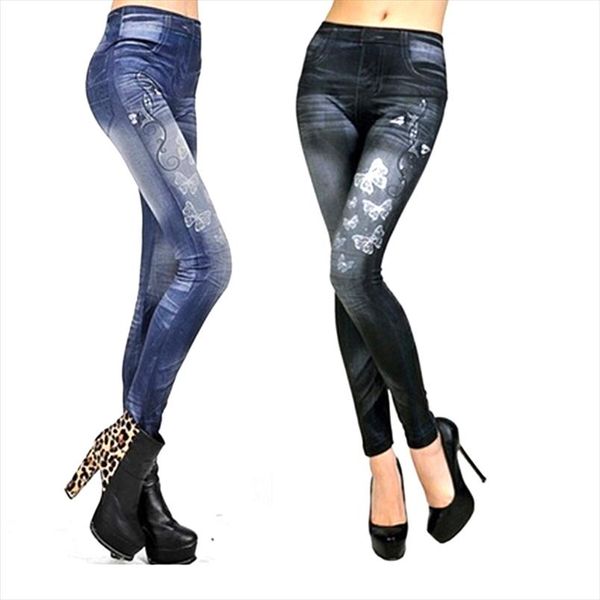 

2020 women new fashion classic stretchy slim leggings imitation jean skinny jeggings butterfly print pants bottoms, Black