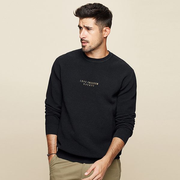 

kuegou 2020 autumn 100% cotton embroidery black sweater men pullover casual jumper male brand knitted korean style clothes 12596, White;black