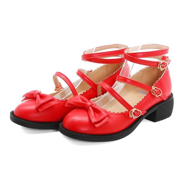 

lolita shoes red women pumps bow chunky block heels ankle strap shoes buckle round toe lady 2020 blue big size 33-41, Black