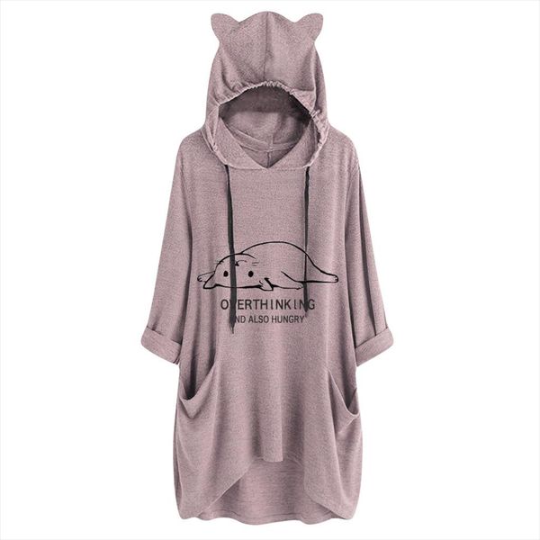 

hoodies women 2020 autumn winter large size fat cat printing short sleeve hooded cat ear pocket loose sweatshirt, Black